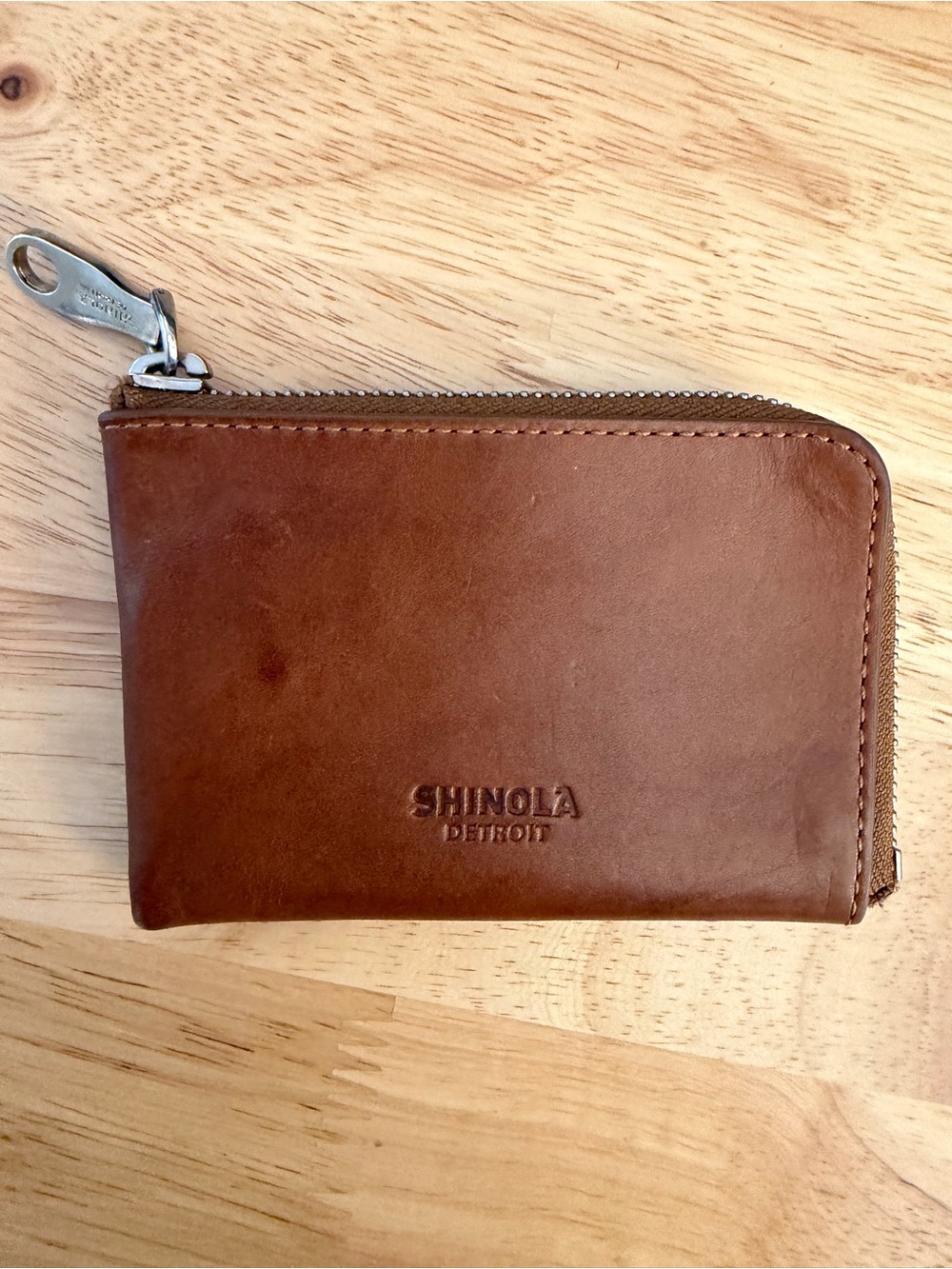 Shinola Brown Leather Zip Wallet with Silver Hardware